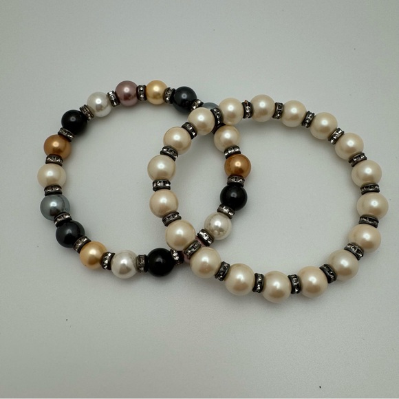 Handmade Faux Pearl Rhinestone Stretch Bracelet Set 2pc Ivory Gray Gold - Picture 5 of 12